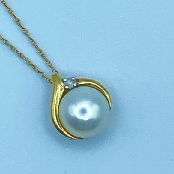 Cultured Button Pearl Diamond Pendant Necklace 10k Yellow Gold 18" Rope Chain - Picture 1 of 10